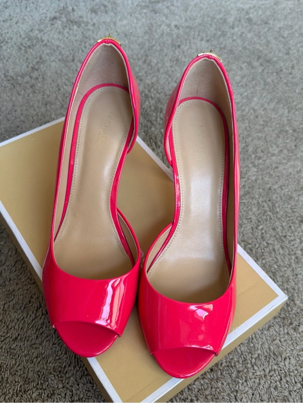 MICHAEL Michael Kors Women’s Open-Toe Patent Heels in Hot Pink - Picture 1 of 6